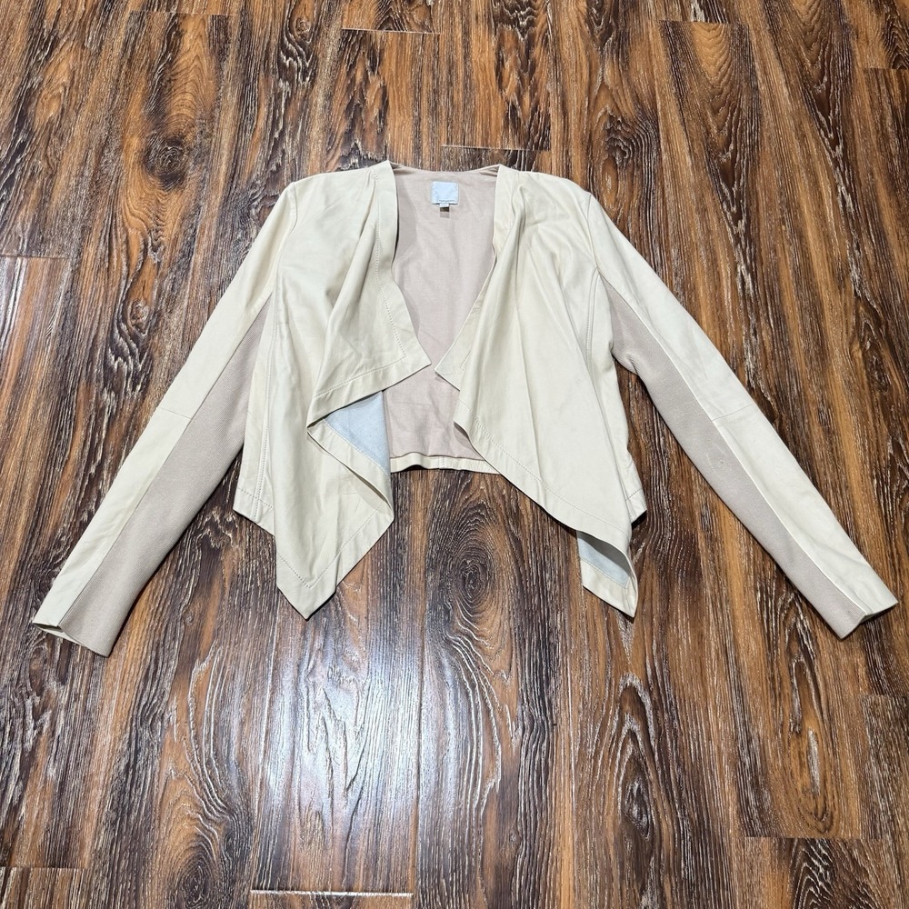 Halogen Tan Beige Genuine Leather Drape Front Moto Jacket Size M Minimalist